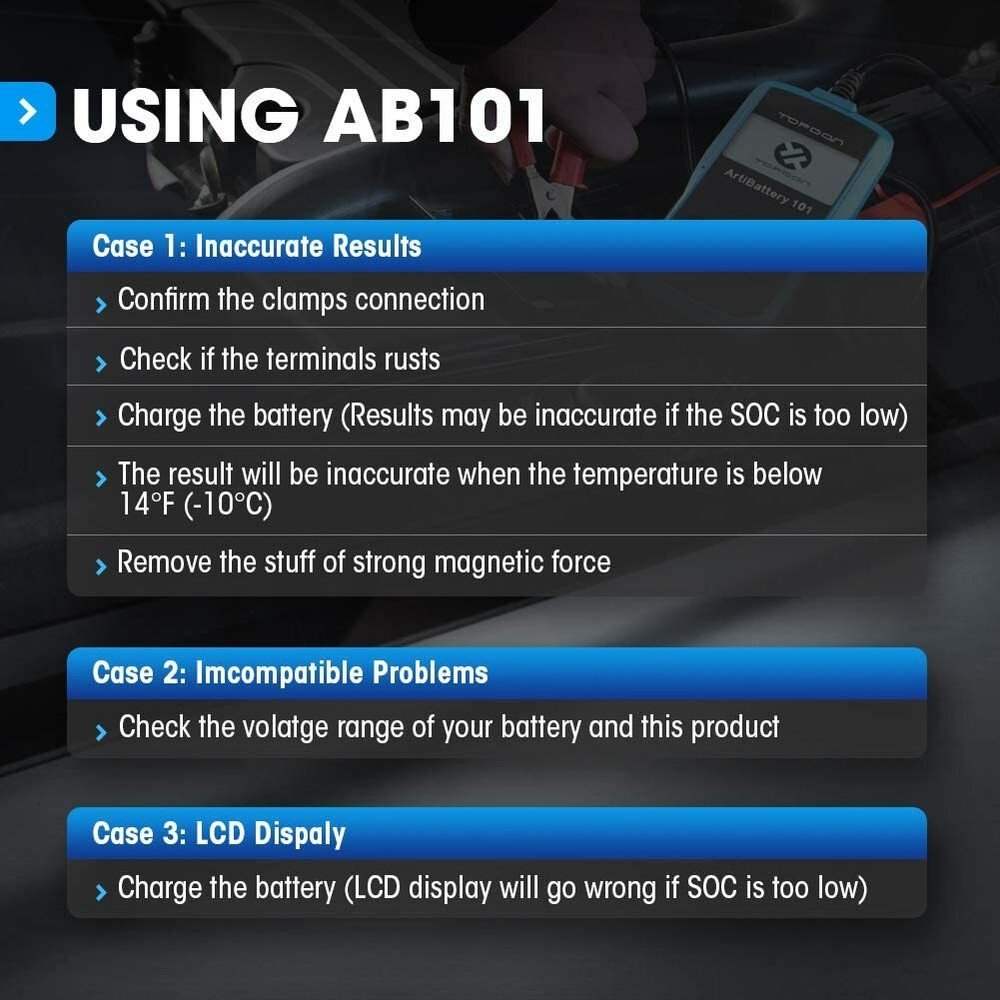🔥TOPDON AB101 12V Battery Tester Auto Digital Analyzer Test Tool 100-2000CCA✅