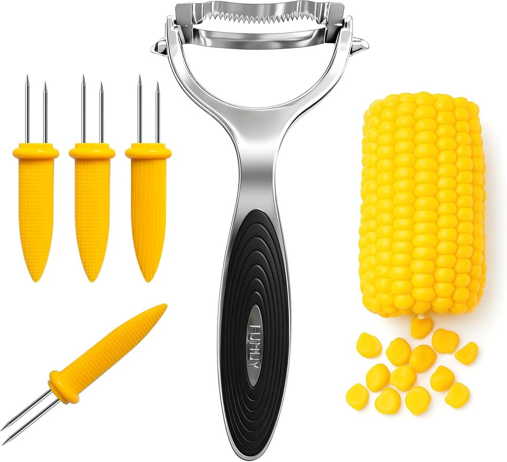 Corn Peeler Tool Set, Stainless Steel Corn Kernel Remover with Serrated Blade, E