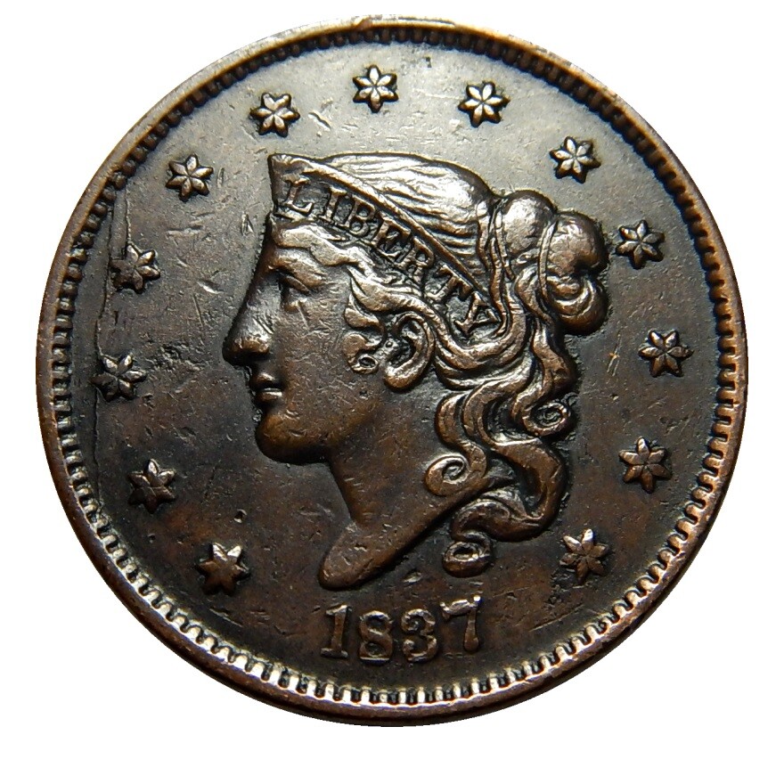 Large cent/penny 1837 Newcomb 2 die break choice high grade