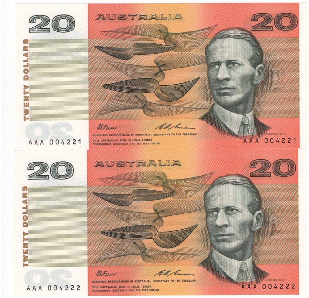 1993 Australia $20 Consecutive Pair Banknote - R415i - AAA Prefix - UNC # 35201