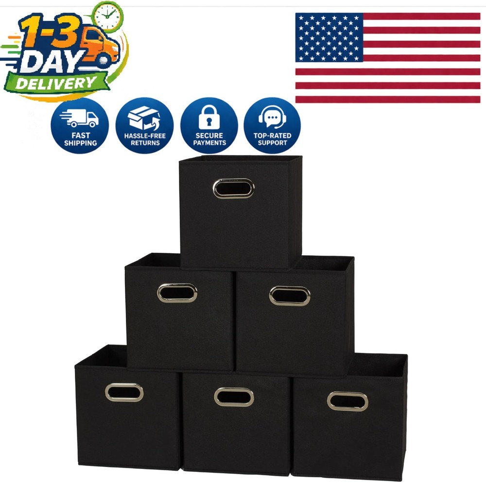 Chic Black Fabric Storage Bins - Set of 6 Foldable & Sturdy Stackable Cubes