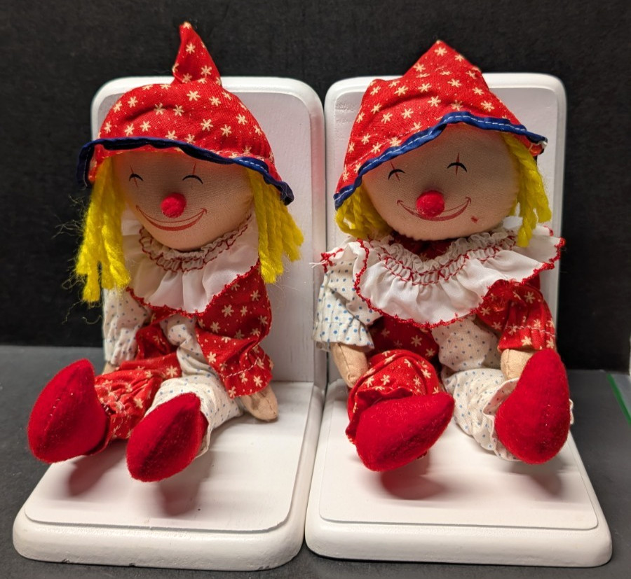 Vintage Clown Doll Bookends Detatchable Poseable Hook & Loop Multicolor 6"x5"x4"