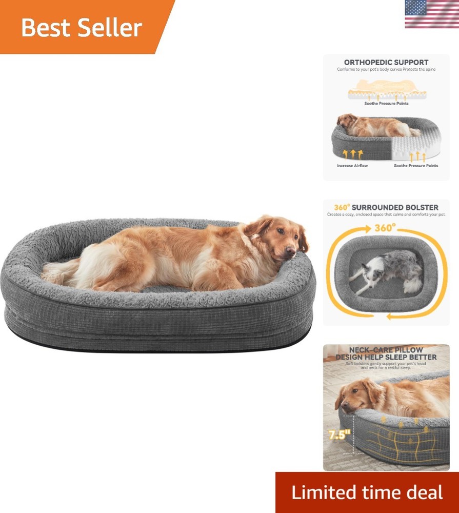 Grey Memory Foam Dog Bed - Extra Large Orthopedic Couch with Waterproof Lining