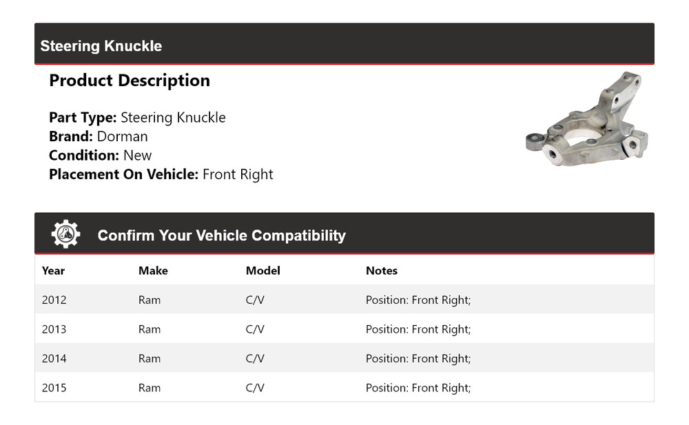 For 2012-2015 Ram C/V Dorman Steering Knuckle Front Right 2013 2014