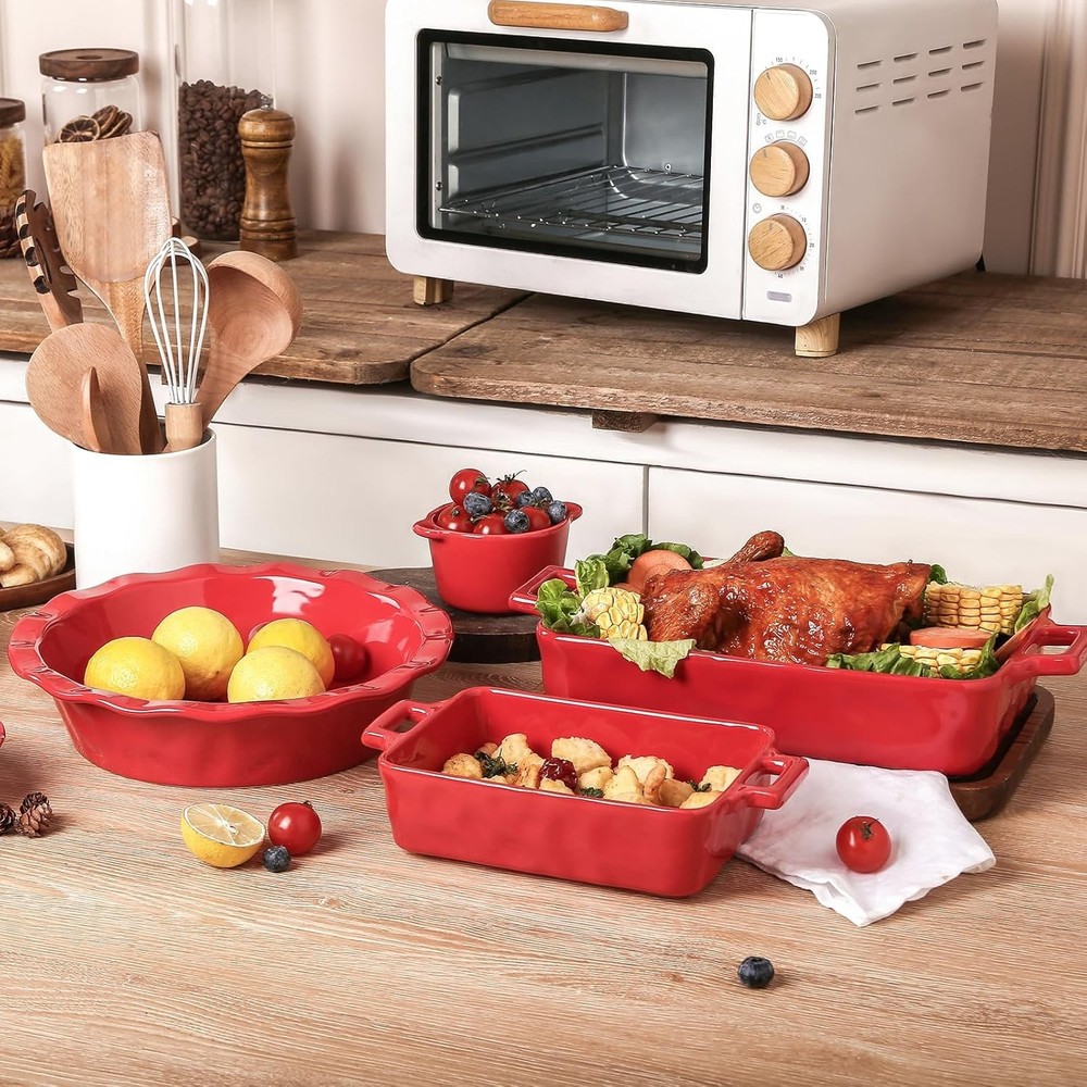 Red Ceramic Baking Pans Set 3pc Rectangular Lasagna Casserole Dish