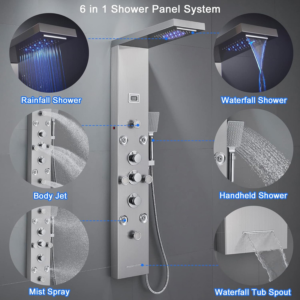 LED Rainfall Waterfall Shower Panel Tower System, 4 Body Jets and 4 Mist Spray,
