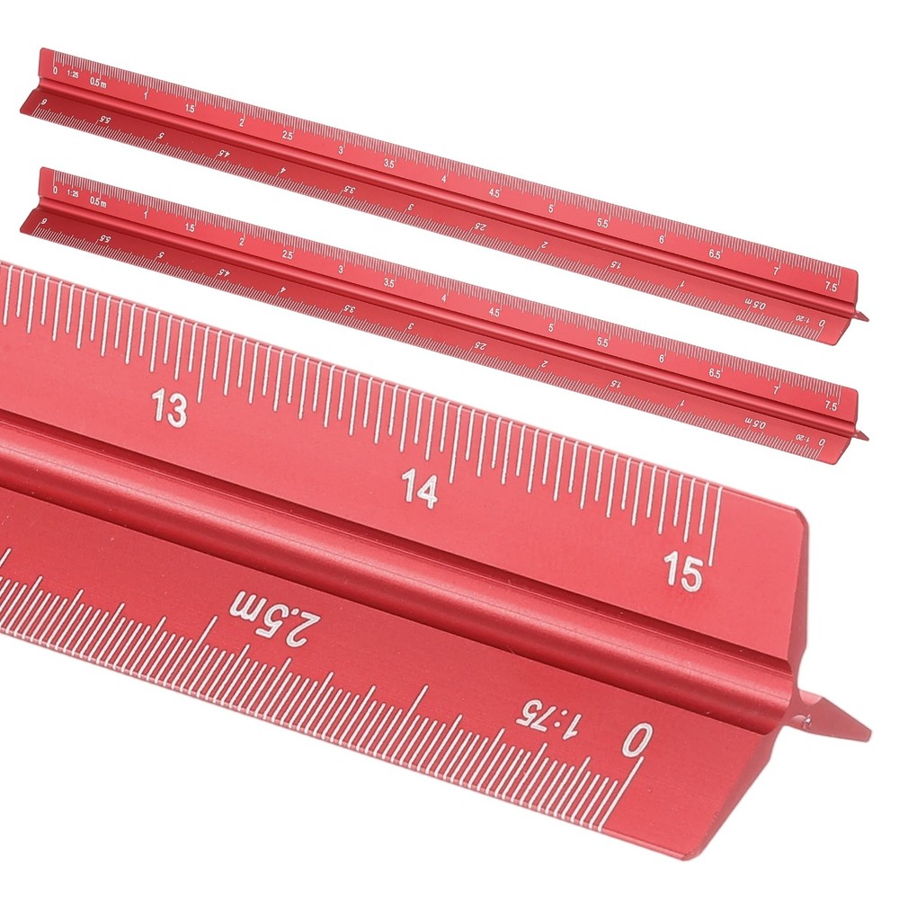 2 Pcs 12 Inch Metric Architectural Triangular Scale Ruler Small Scale, Red