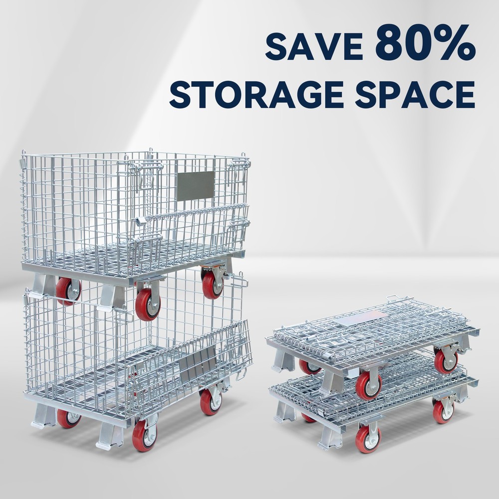 Heavy-Duty Collapsible Wire Mesh Container 1000LBS Load W/ Casters
