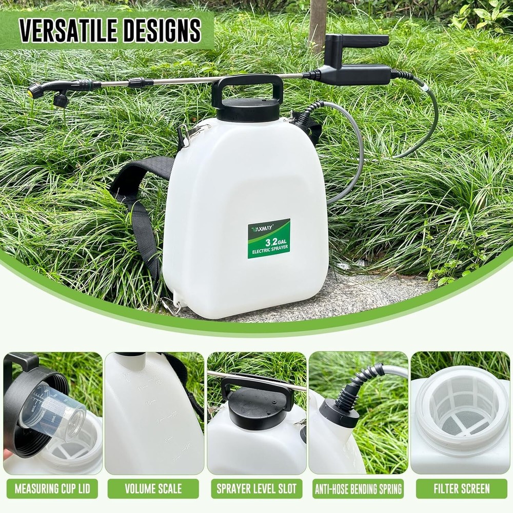 Battery Powered Sprayer 3.2 Gallon, Backpack Sprayer with 3 Adjustable Speeds B