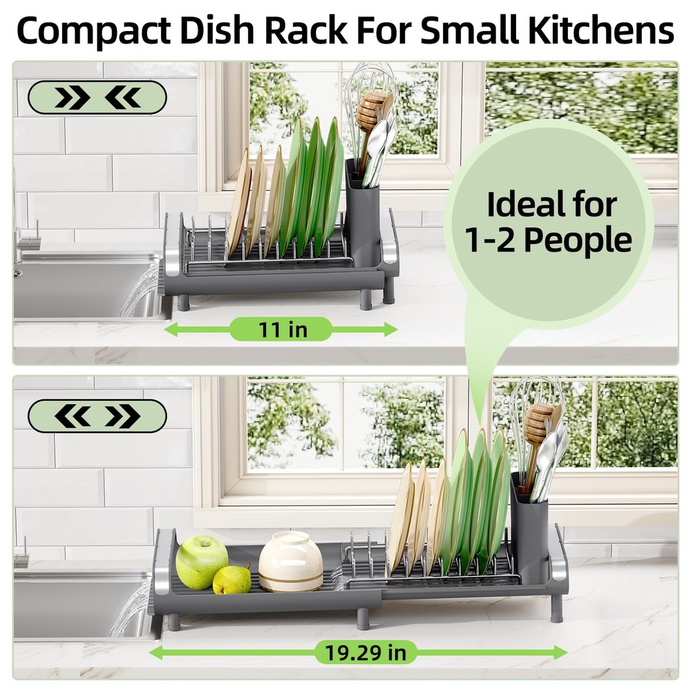 TOOLF Small Dish Drying Rack, Mini Expandable Compact Dish Rack, Slim Extenda...