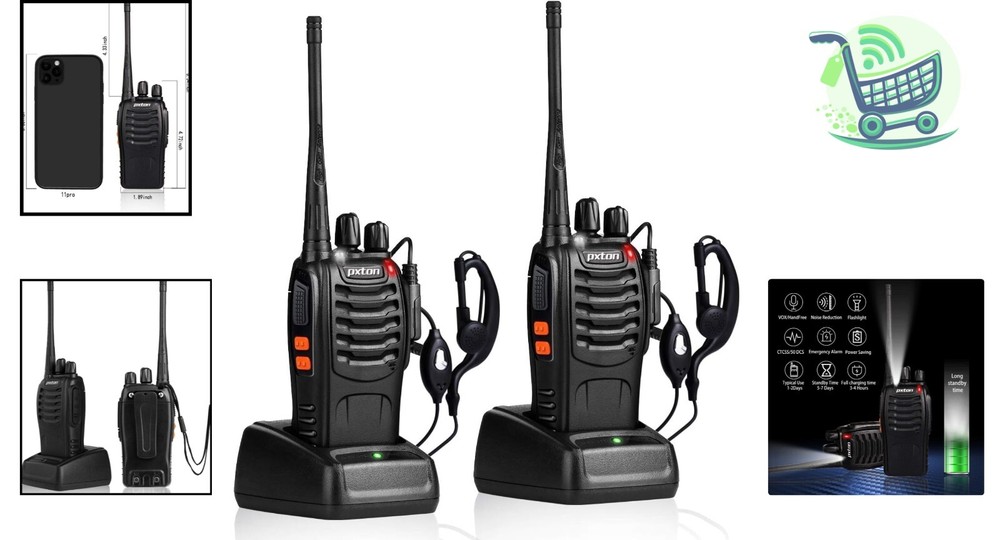 Rechargeable Long-Range Walkie Talkies - 2-Pack Note with Flashlight & Earpieces