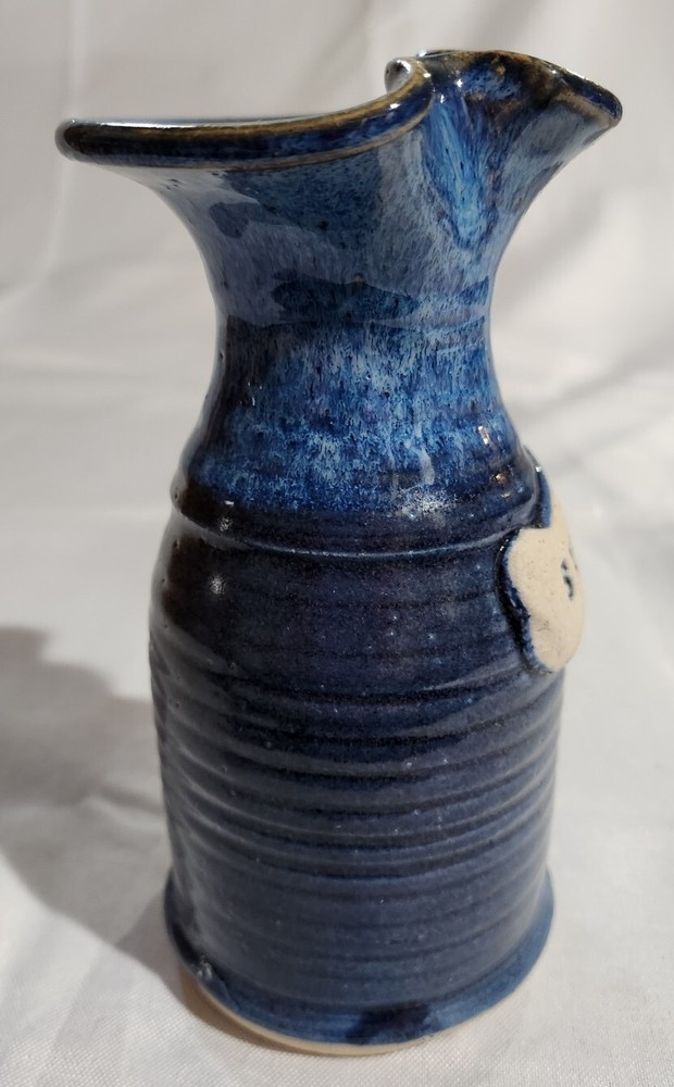 Signed Blue Handmade Art Pottery Syrup Pitcher 6"T