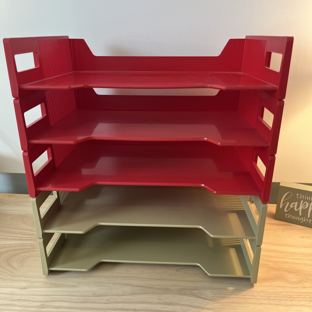 Vtg Eldon Office Products 5 Stackable Desk Letter Paper Tray MCM Red Tan