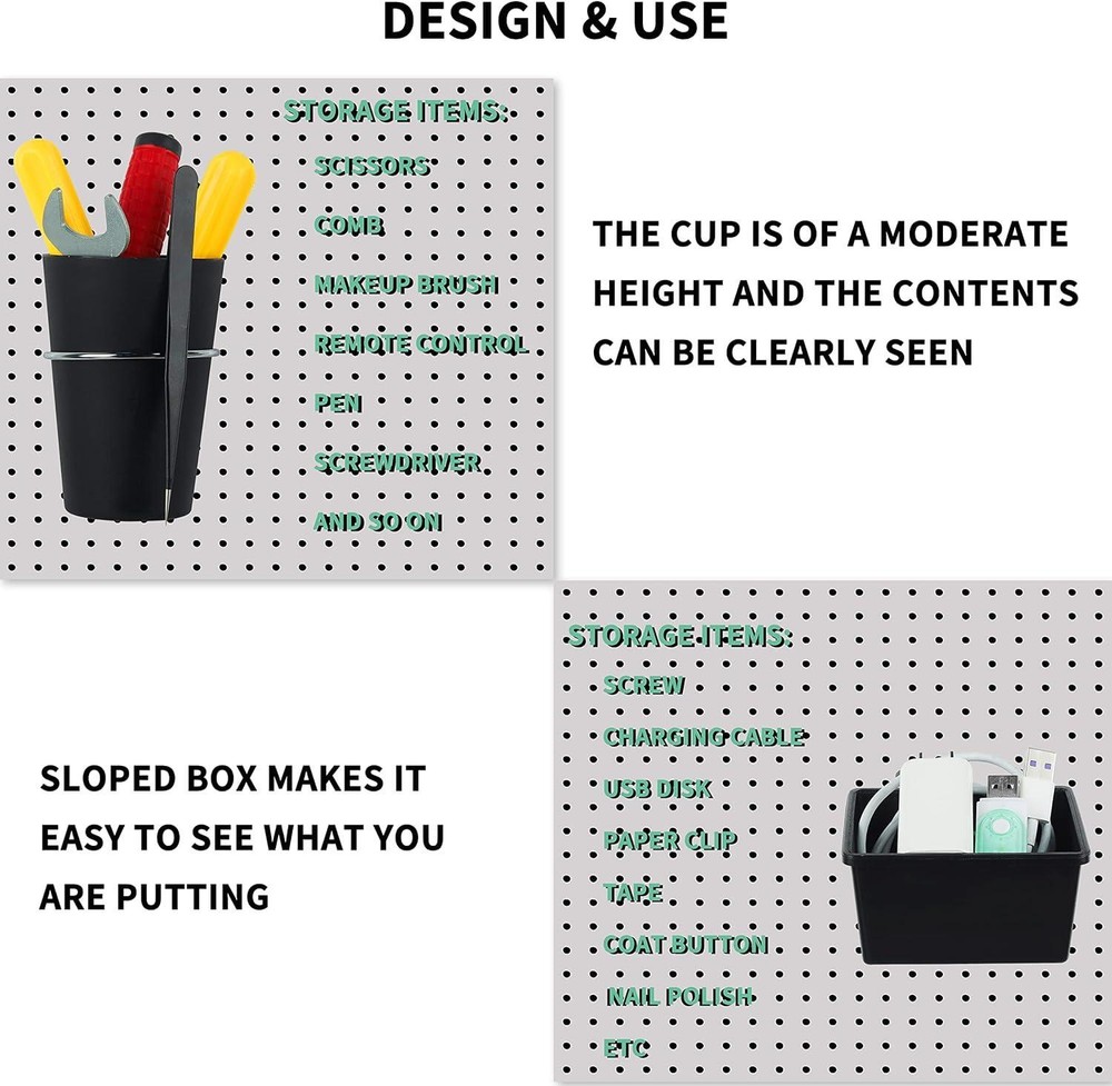6 Sets Pegboard Bins & Cups with Hooks for Organizing Accessories Tools Storage