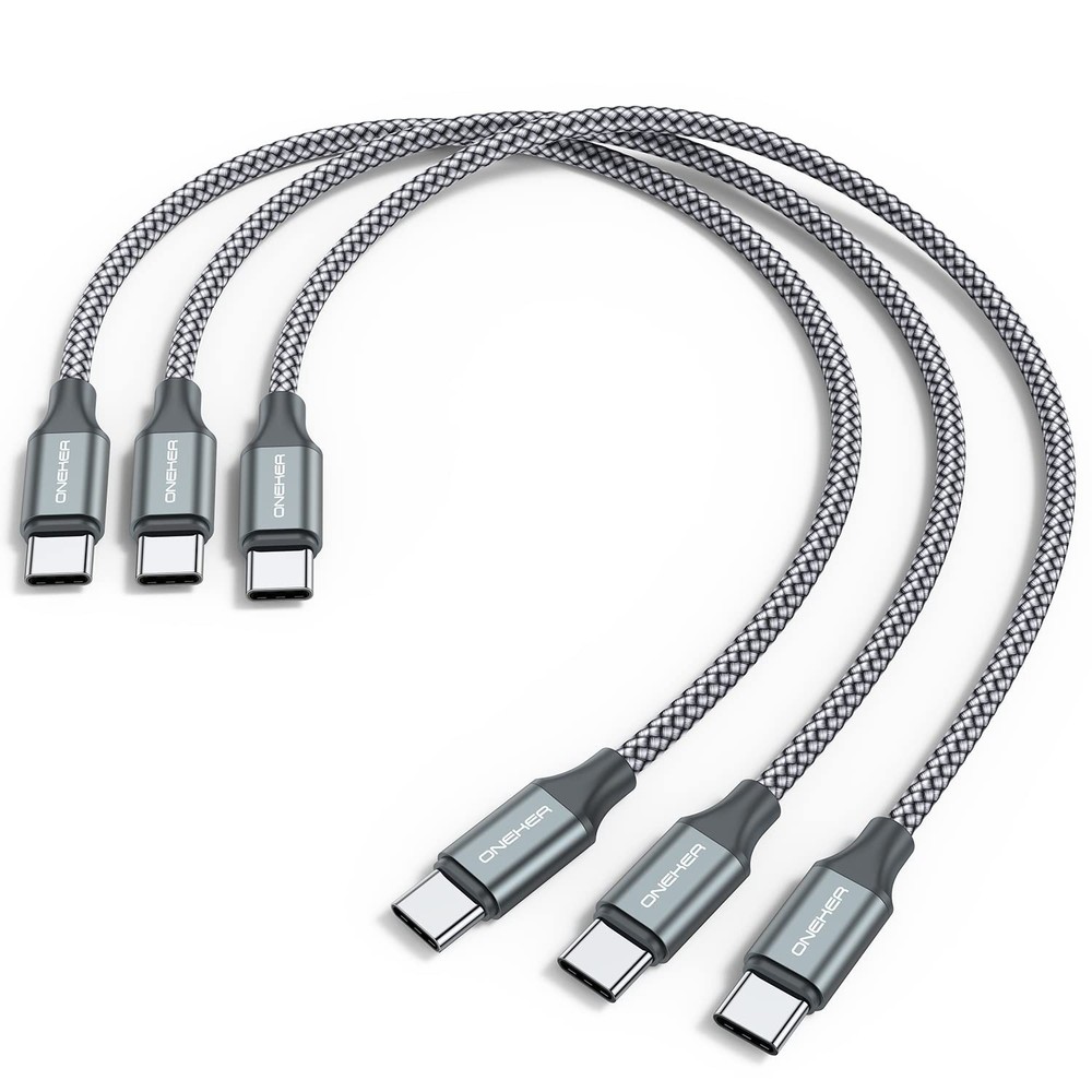 USB C to C Cable (3 Pack 1ft),Short Type C Fast Charging Nylon 1FT, Grey