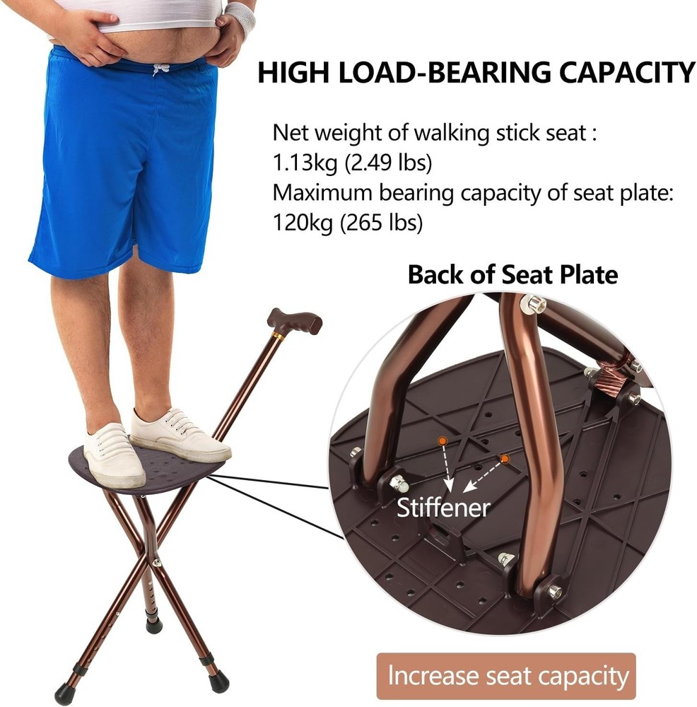 Adjustable Cane with Seat - 265 lbs Capacity, Folding Mobility Aid for Men