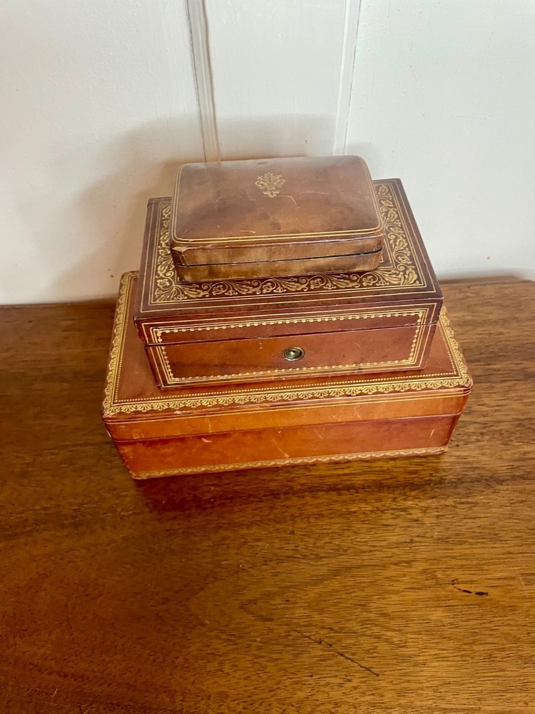 Leather Wrapped Box Early 20th C. w/ Gilded Fleur-de-lis