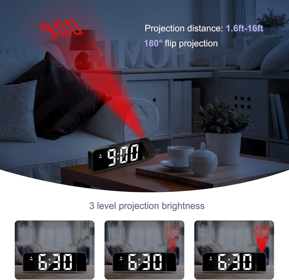Projection Alarm Clock,with Projection on Ceiling with 7.9" Large Display