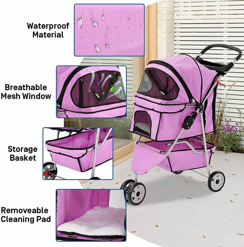 3 Wheels Pet Stroller Folding Cat Stroller w/Durable Wheels Dog Travel Stroller