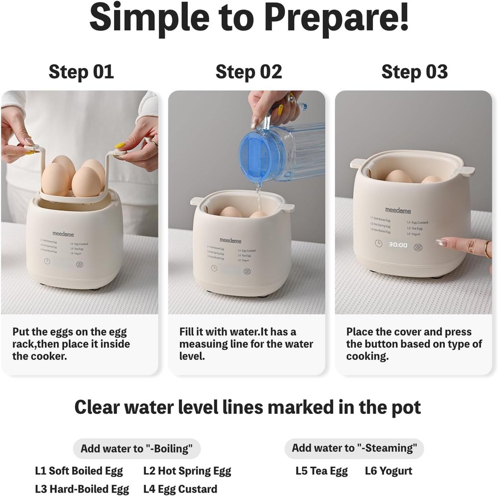 Electric egg cooker with automatic shut-off function for soft/hard boiled eggs