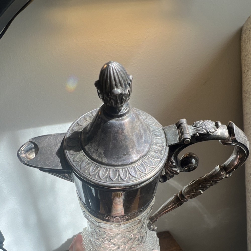 Italian Silverplate Cut Glass Lidded Pitcher Victorian Diamond Pattern