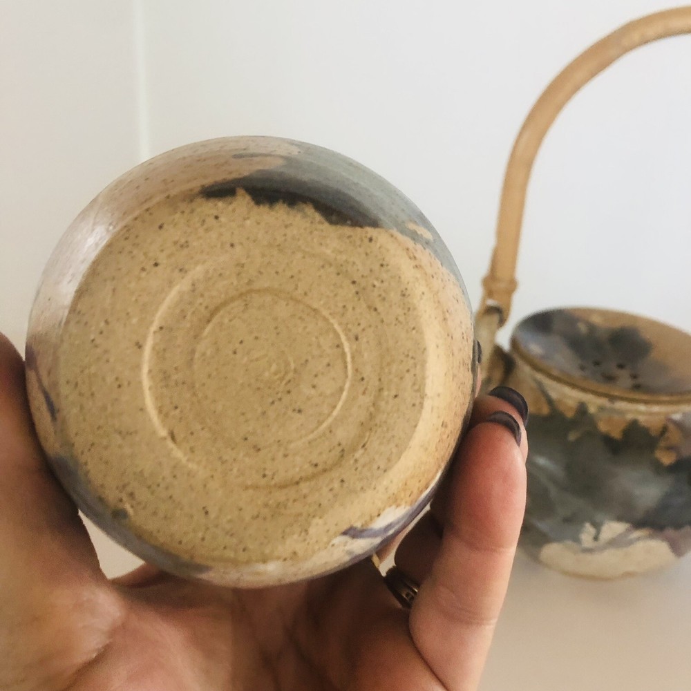 Studio Art Pottery Stoneware Teapot Bamboo Handle & Cup Speckled Glaze Signed