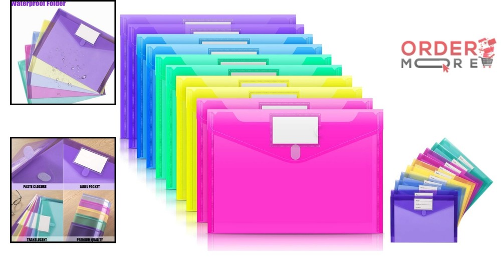 Durable 10-Pack Clear Plastic Envelopes - Safe Closure & Colorful Label Pockets