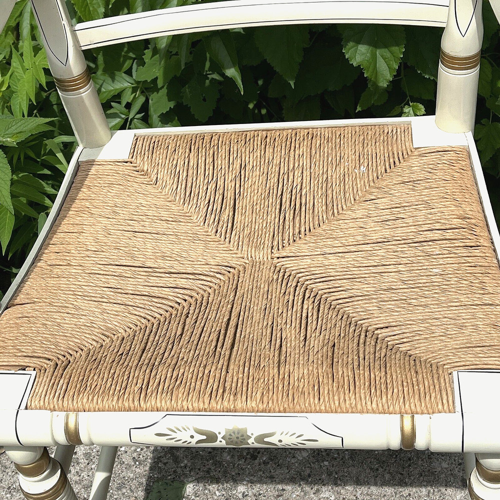 Pair Vintage Solid Lambert Hitchcock Ivory Harvest Rush Bottom Armchairs