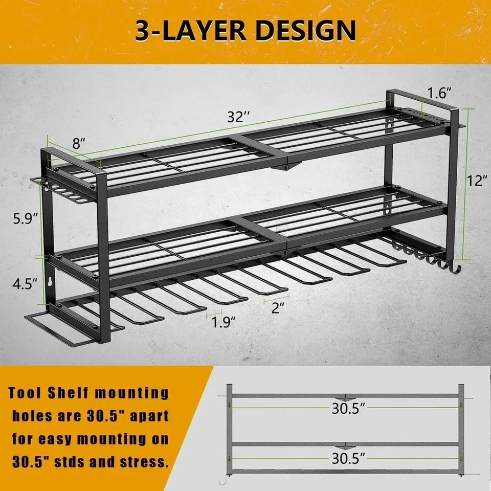 Power Tool Organizer - 3 Layer 8 Drill Holder Wall Mount, Storage Rack for Garag