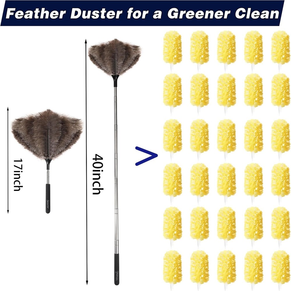 Extendable Ostrich Feather Duster - 40 Inches Fluffy Long Handle Reusable