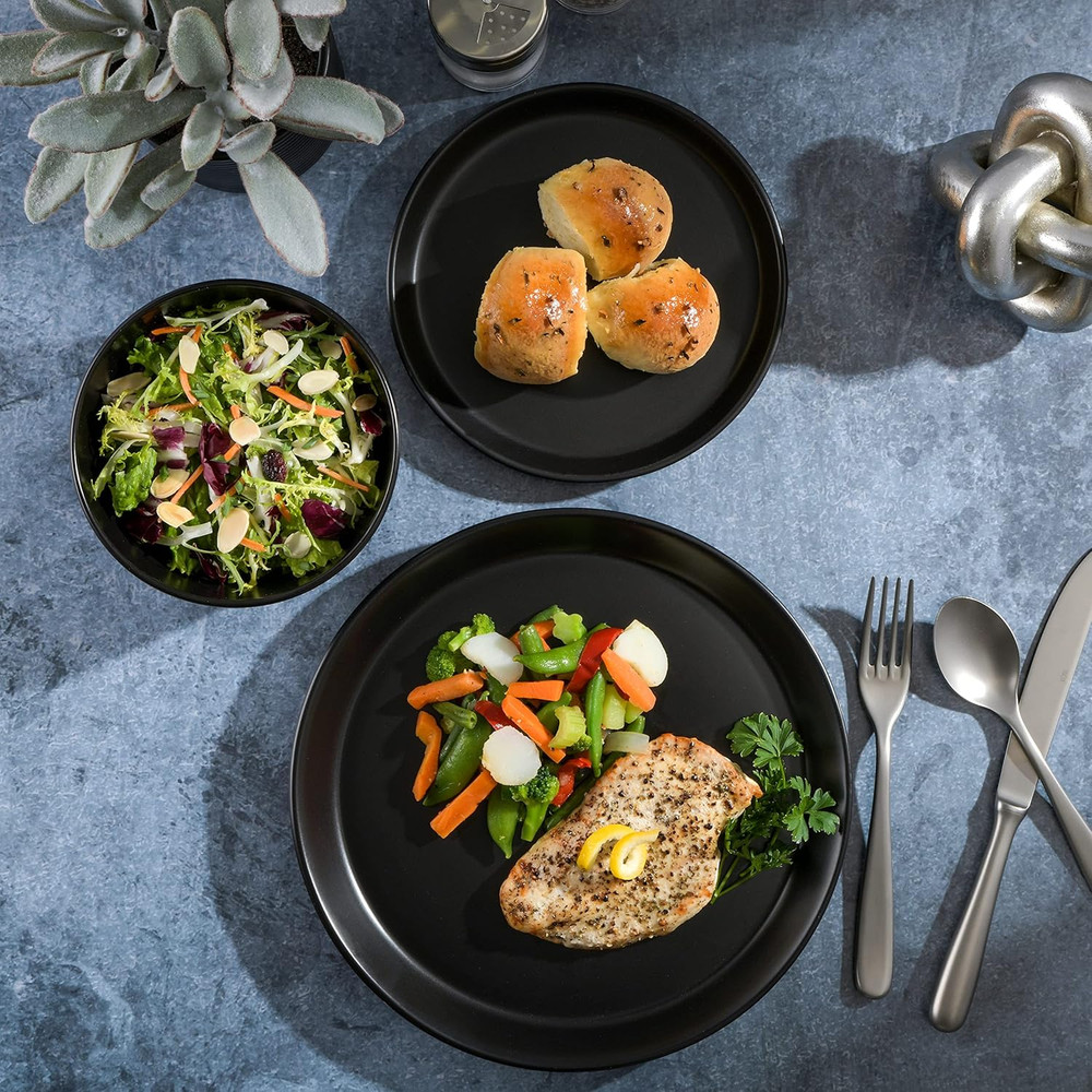 Sofia Coupe 12-Piece Stoneware Dinnerware Set, Service for 4 – Black Plates and