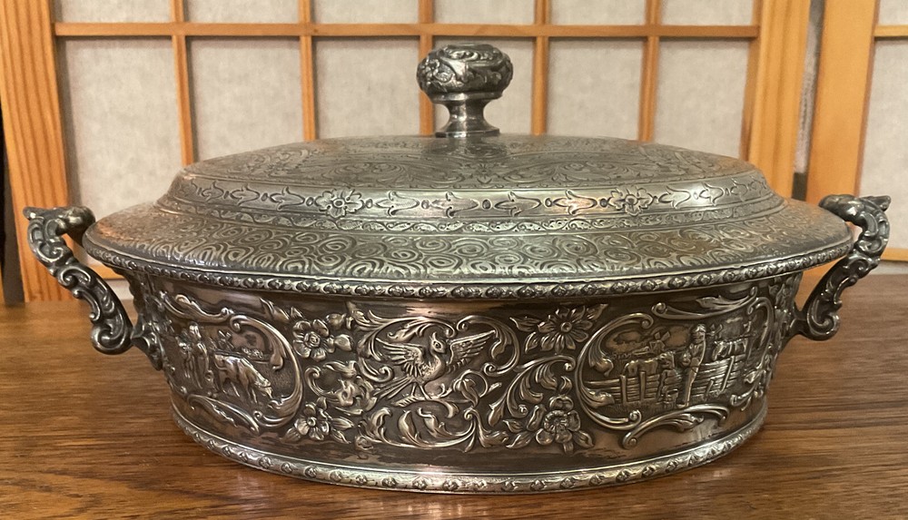 Antique Hand Chased Silver Plate Entree Covered Serving Dish Derby
