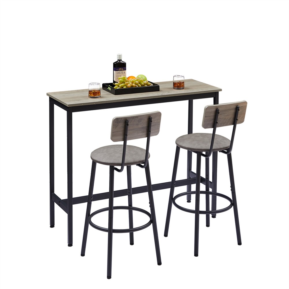 3 Piece Bar Table Set Counter Height Kitchen Pub Table with 2 Bar Stools Grey