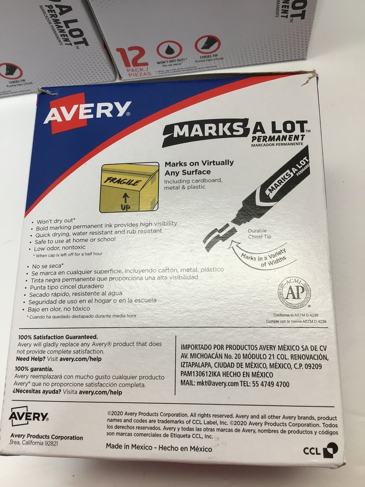 Avery Large Permanent Marker Marks A Lot Three boxes 36 Total Chisel Tip Black