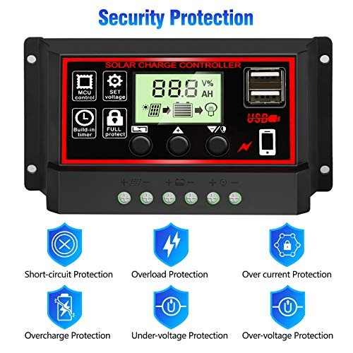 [Upgraded] 30A Solar Charge Controller, Black Solar Panel 30A PWM-Black&Red