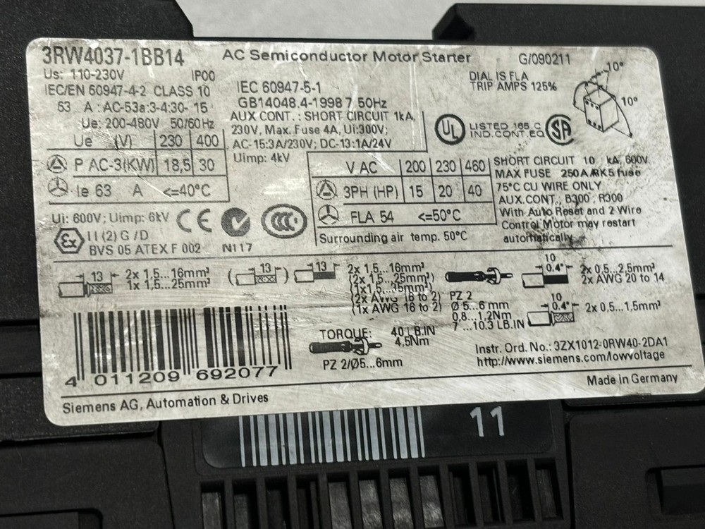 Siemens 3RW4037-1BB14 Soft Starter / Soft Starter