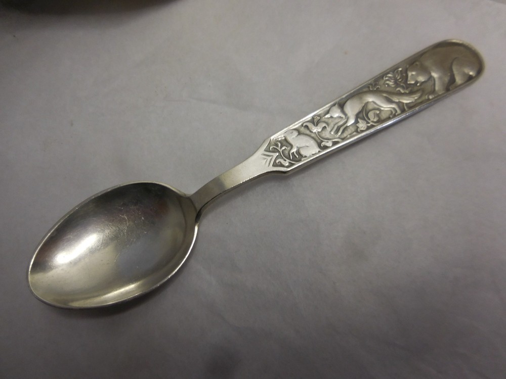 DAVID ANDERSEN NORWAY 830S STANDARD SILVER SPOON 5 7/8" WITH BEAR, FOX, & RABBIT