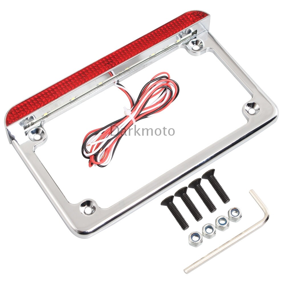 Chrome Motorcycle License Plate Frame LED Light Brake Tail Light Mount Universal