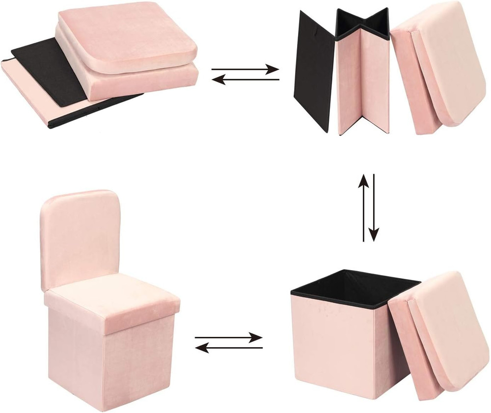 Pink Velvet Folding Storage Ottoman with Seat Back - Space-Saving Organizer