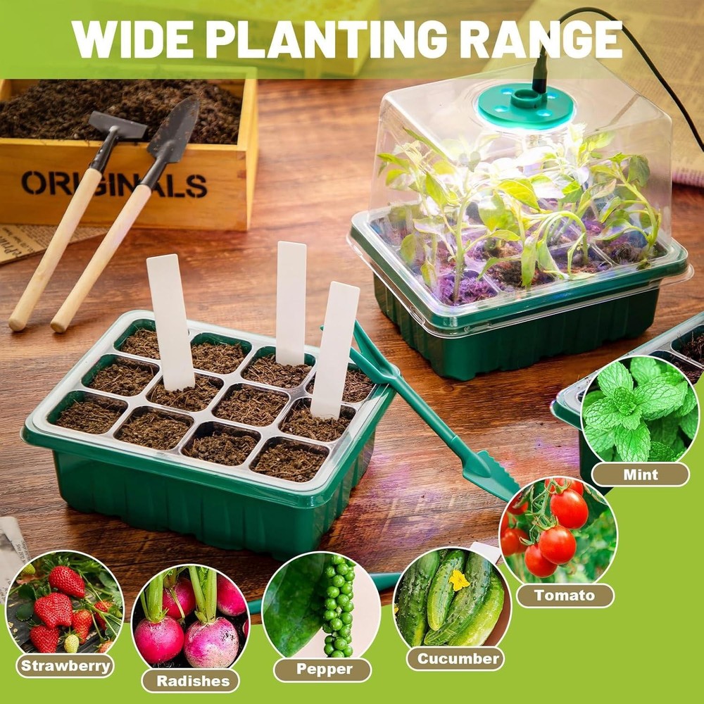 Seed Starter Tray with Grow Light Dome Adjustable Humidity Germination Kit Home
