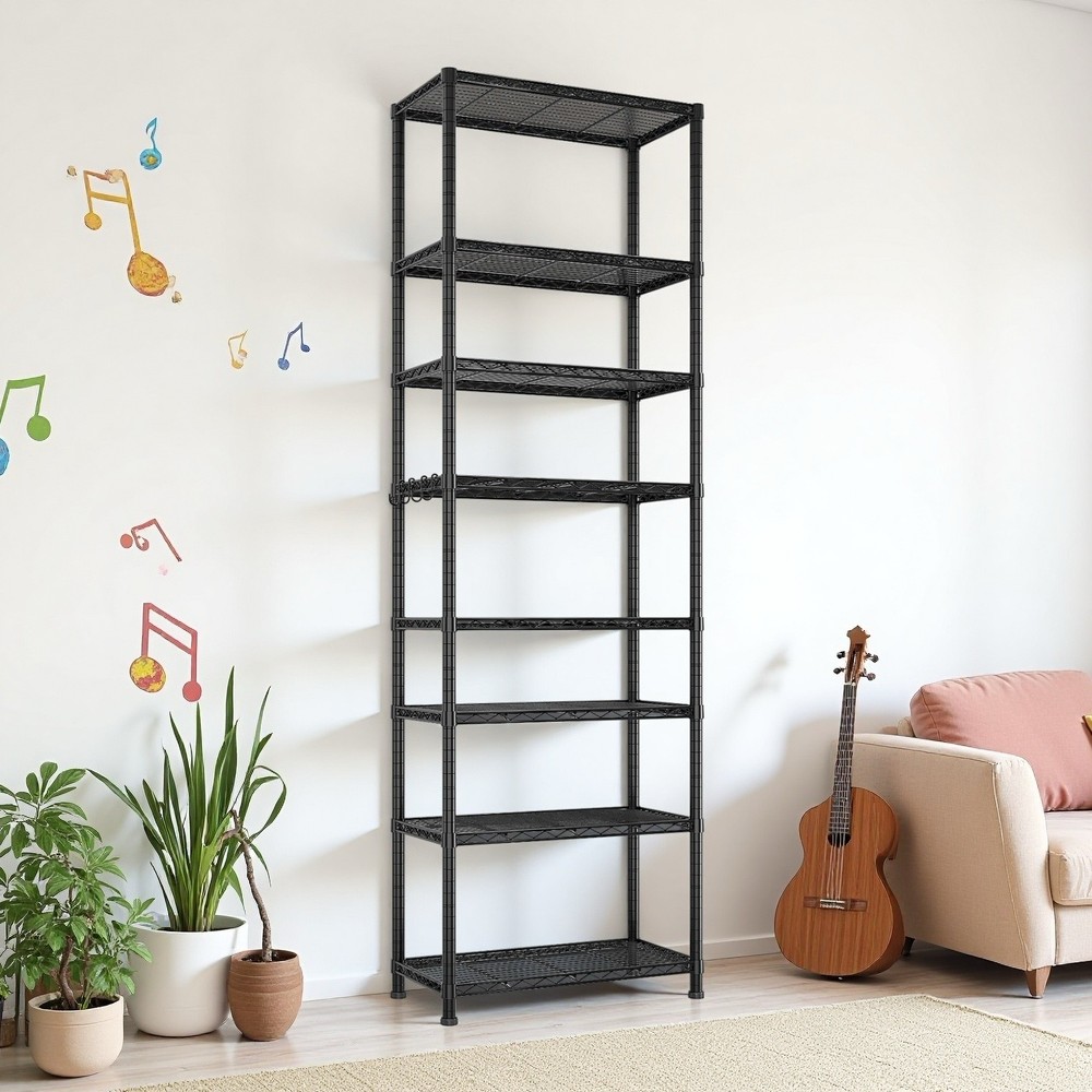 8-Tier Wire Shelving Unit - Heavy Duty, Adjustable, Hooks, Modular & Black