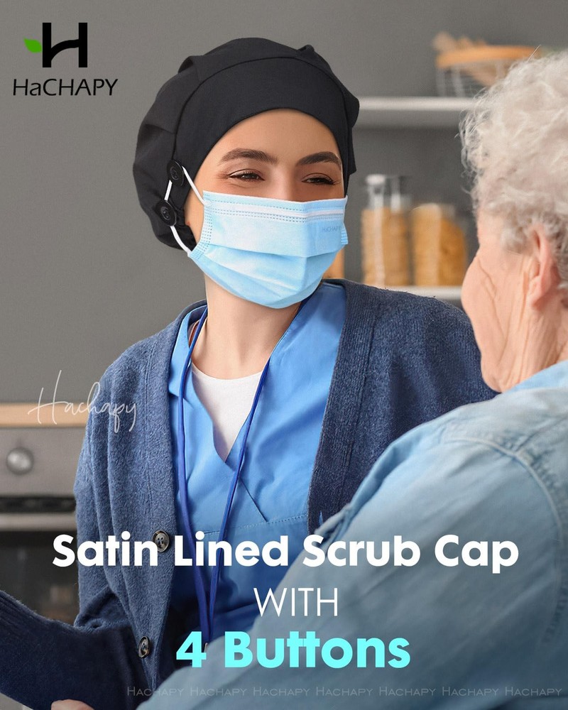 Satin Lined Bouffant Scrub Nurse Cap with 4 Buttons Sweatband Adjustable
