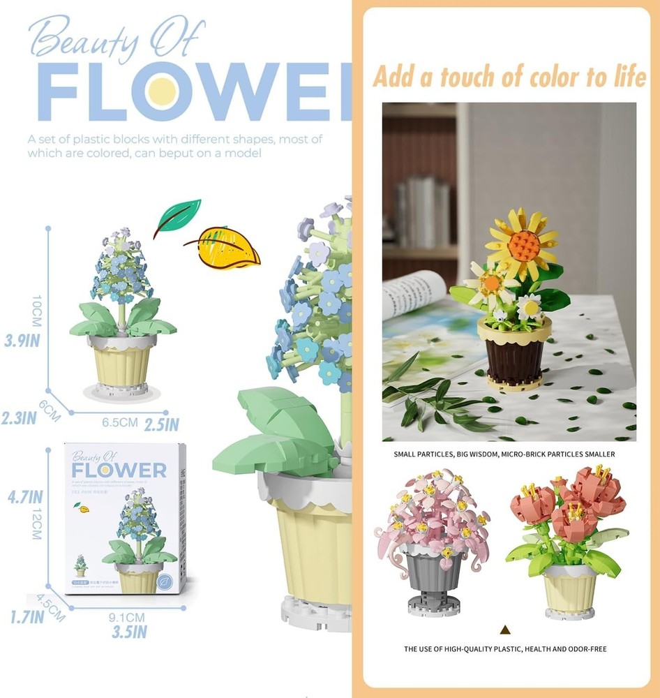 Creative Flower Potted Plant Blocks for a Calm Workspace - Customizable Art
