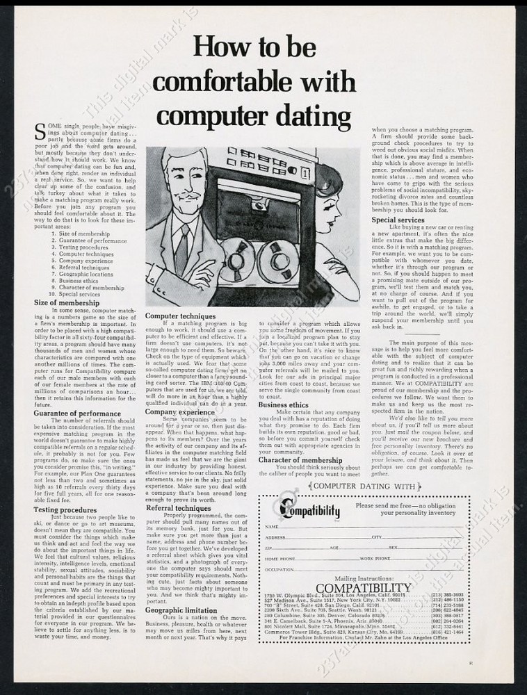 1969 Compatibility computer dating service details vintage print ad