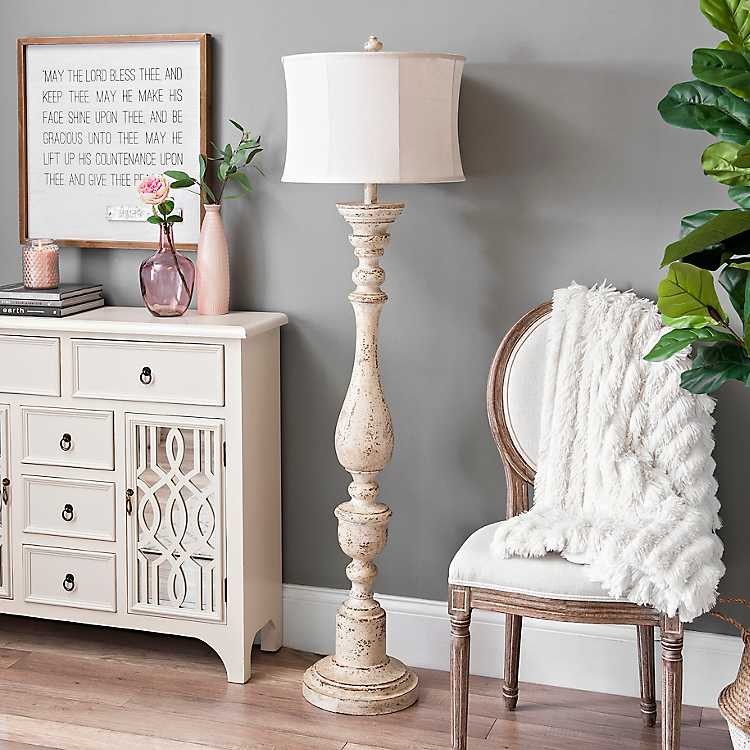 Distressed Cream Spindle Floor Lamp
