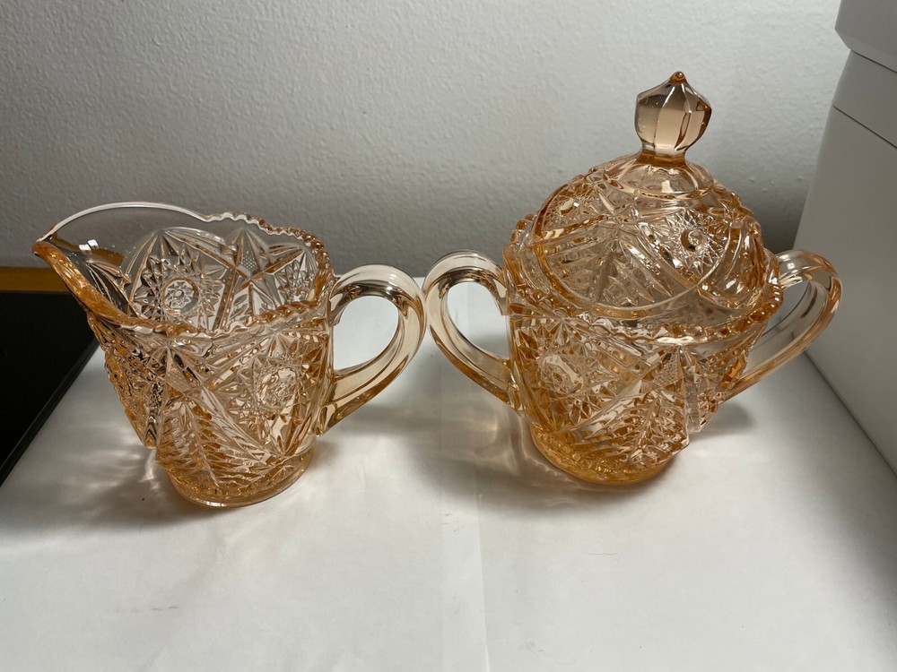 L. E. Smith Pink Glass Creamer & Sugar w/Lid Valtec Pattern Large