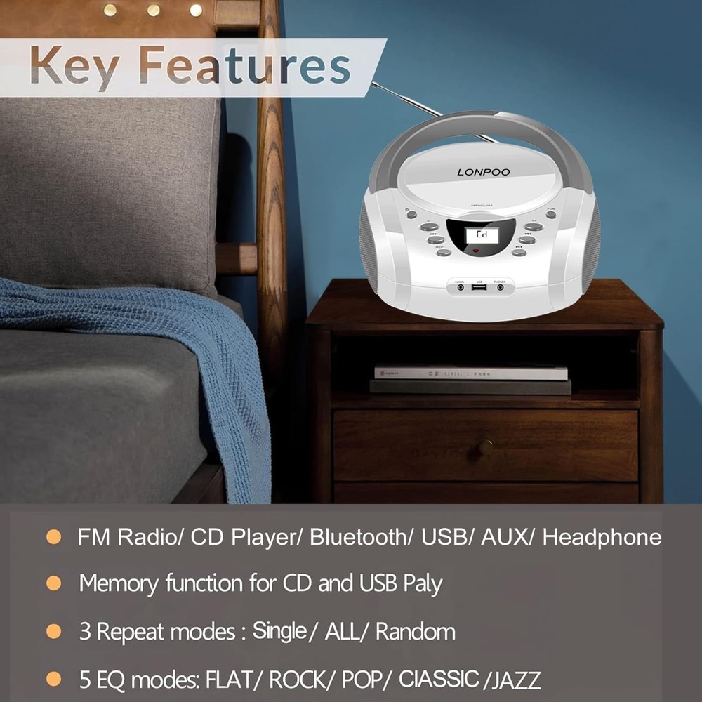 Multi-Function Portable Boombox with CD, USB, FM Radio & Bluetooth Connectivity