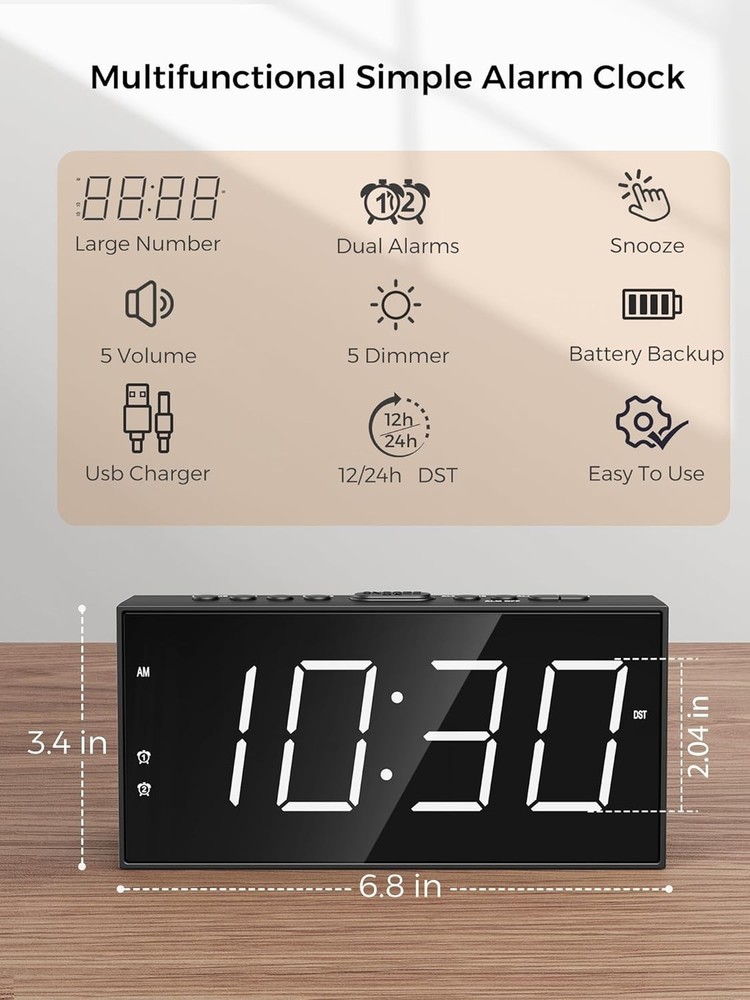 Dual Alarm Digital Clock with Large Display & USB Charging