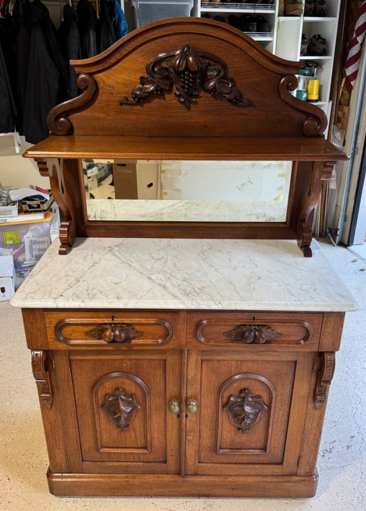 Antique Marble Top Victorian Walnut Carved Server Sideboard Buffet Cupboard