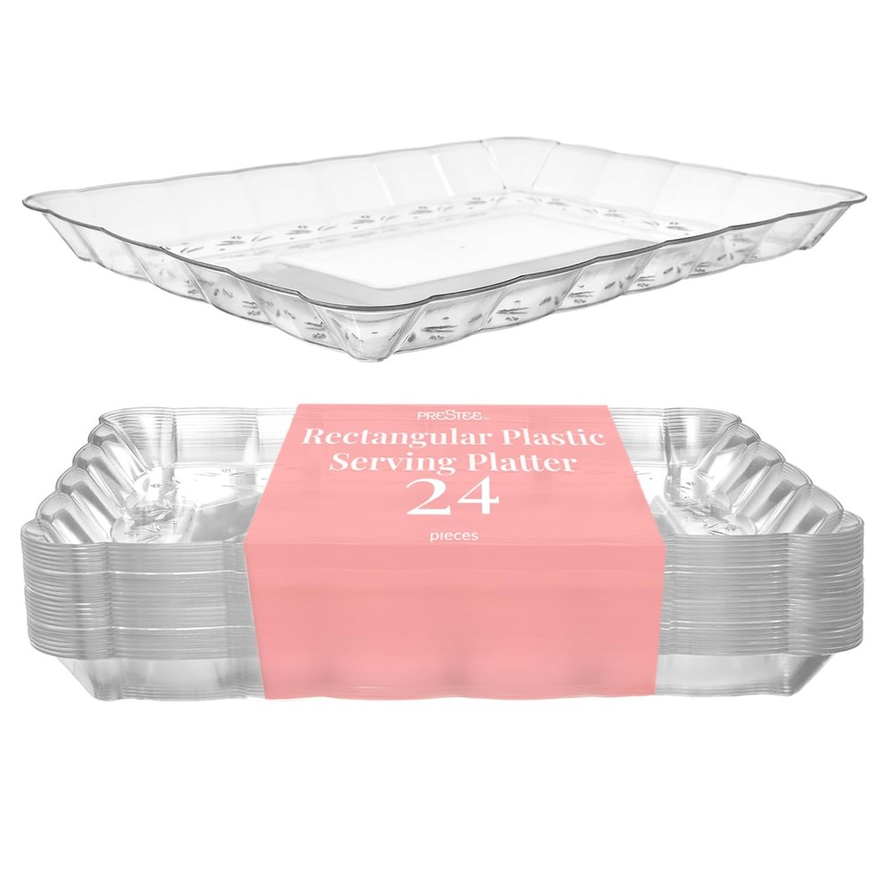 Prestee 24-Pack 9x13" Clear Rectangular Disposable Plastic Serving Trays Set